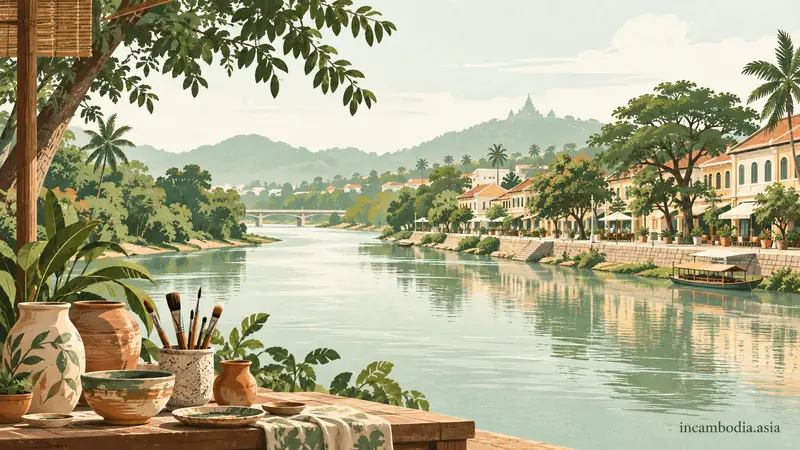 Illustrated riverfront with shophouses, pottery and paintbrushes.