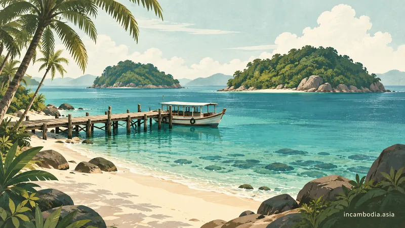 Illustrated tropical islands, a sandy shore and a passenger boat.