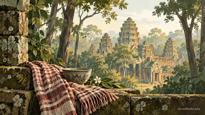 Illustrated sandstone towers behind a checked textile and ceramic bowl.
