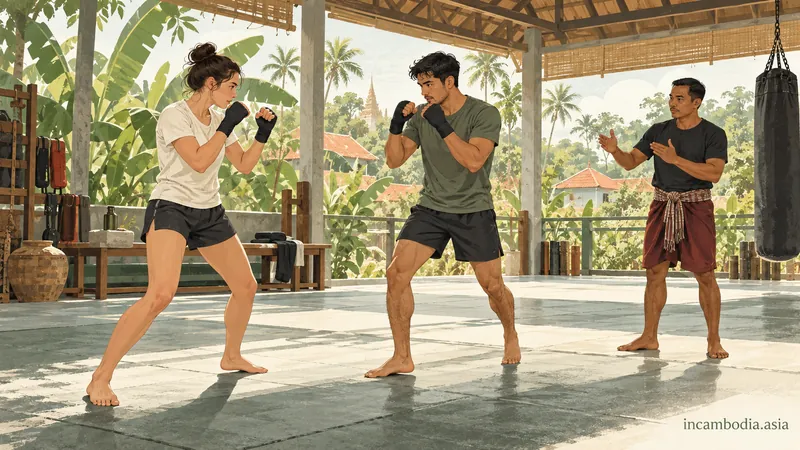 Illustrated adults practicing boxing guard with a trainer in an open gym.