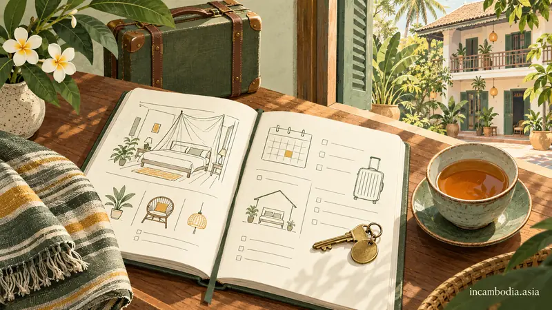 Room sketches in a notebook beside keys and a cup.