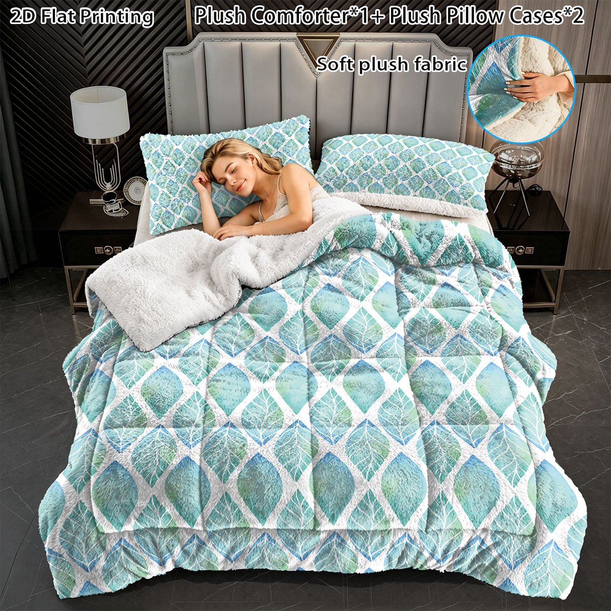 Turquoise leaf bedding set, three pieces