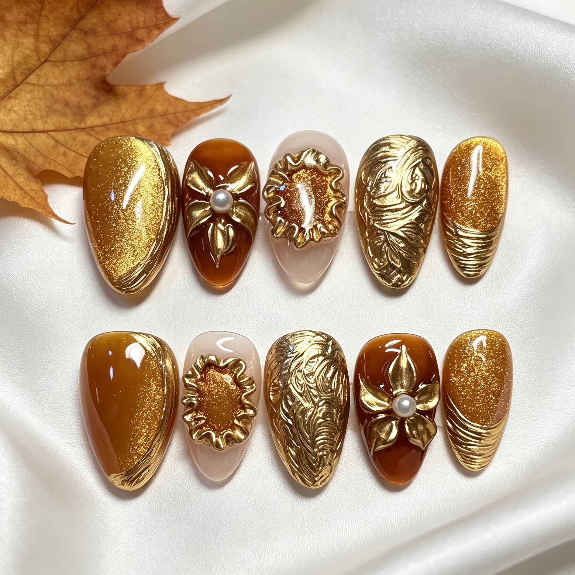 10 almond press-on nails, amber floral design
