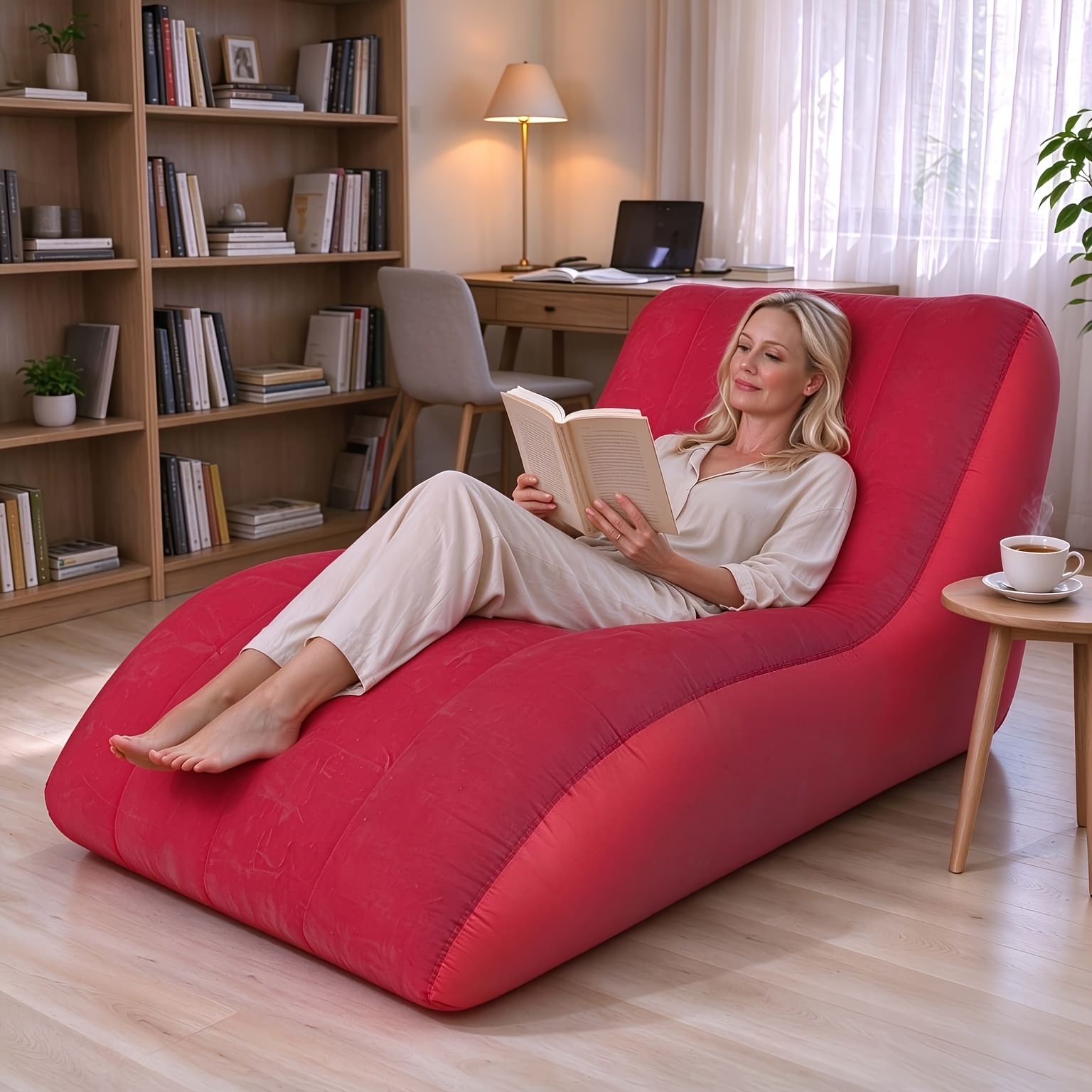 Red inflatable lounge chair with flocked surface