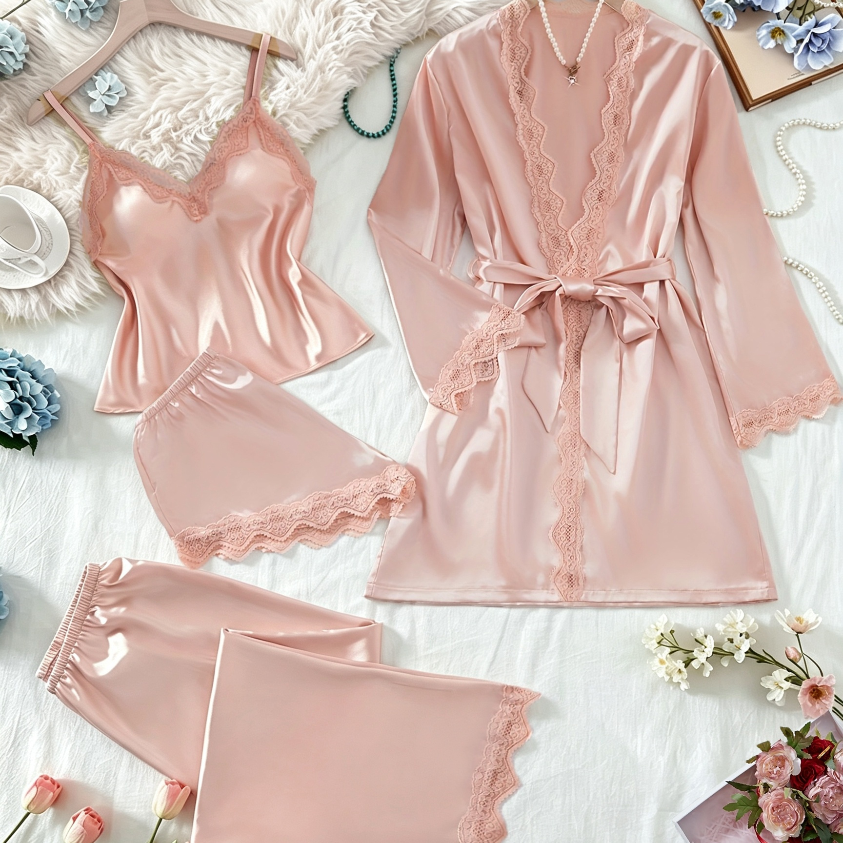 Satin-look lounge set with lace details