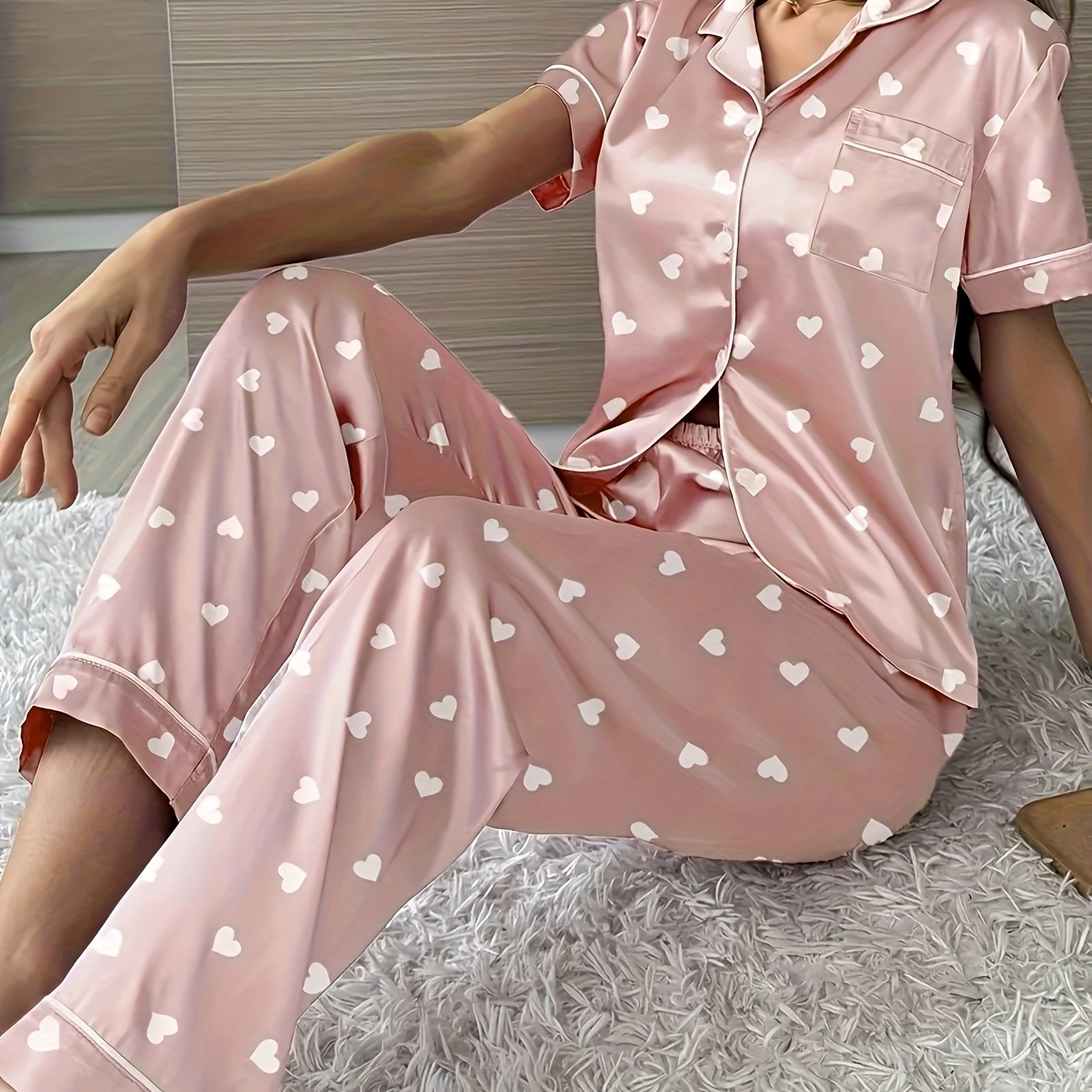 Heart-print button-front pyjamas