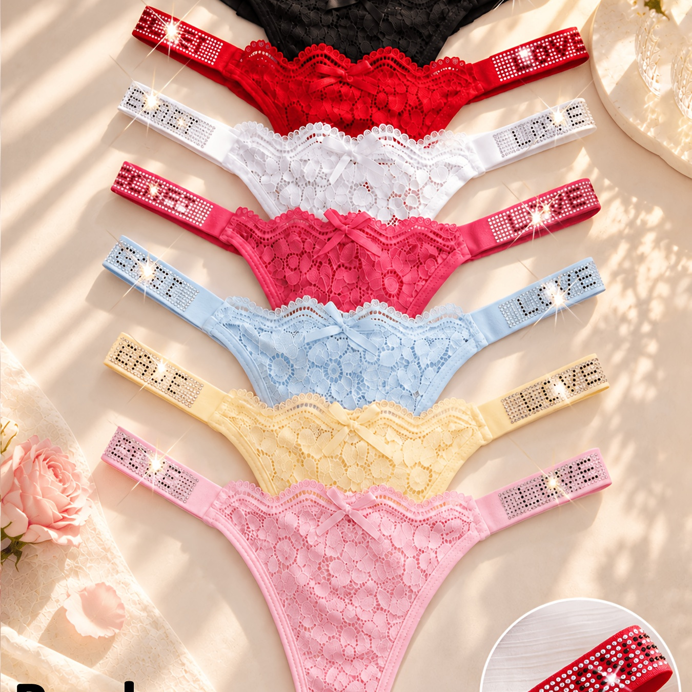 Seven assorted lace thongs