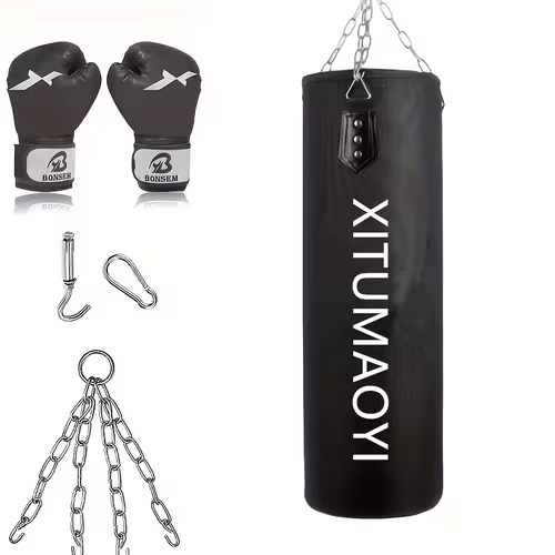 Unfilled Oxford punching bag with gloves and chains