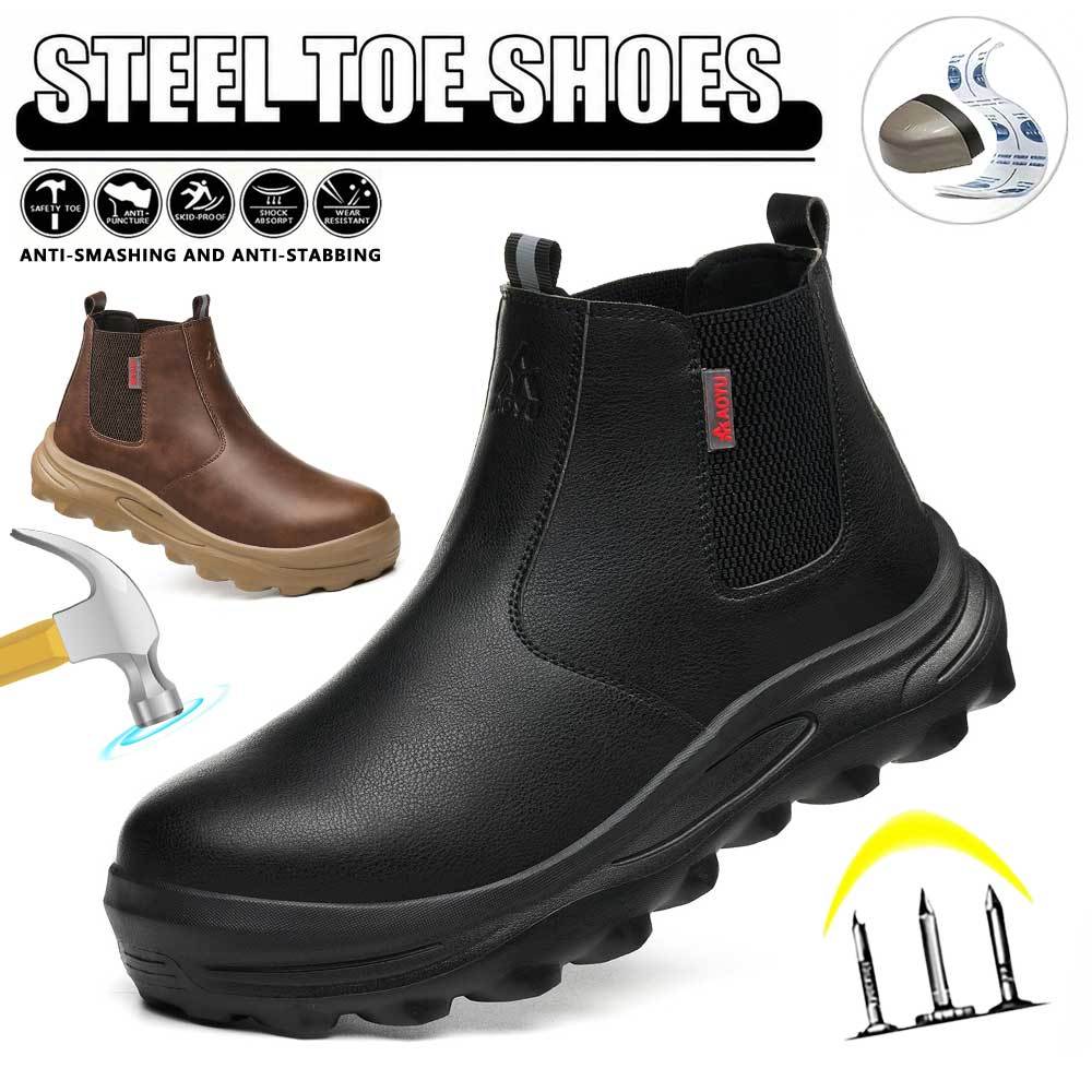 Work shoes with a claimed steel toe cap