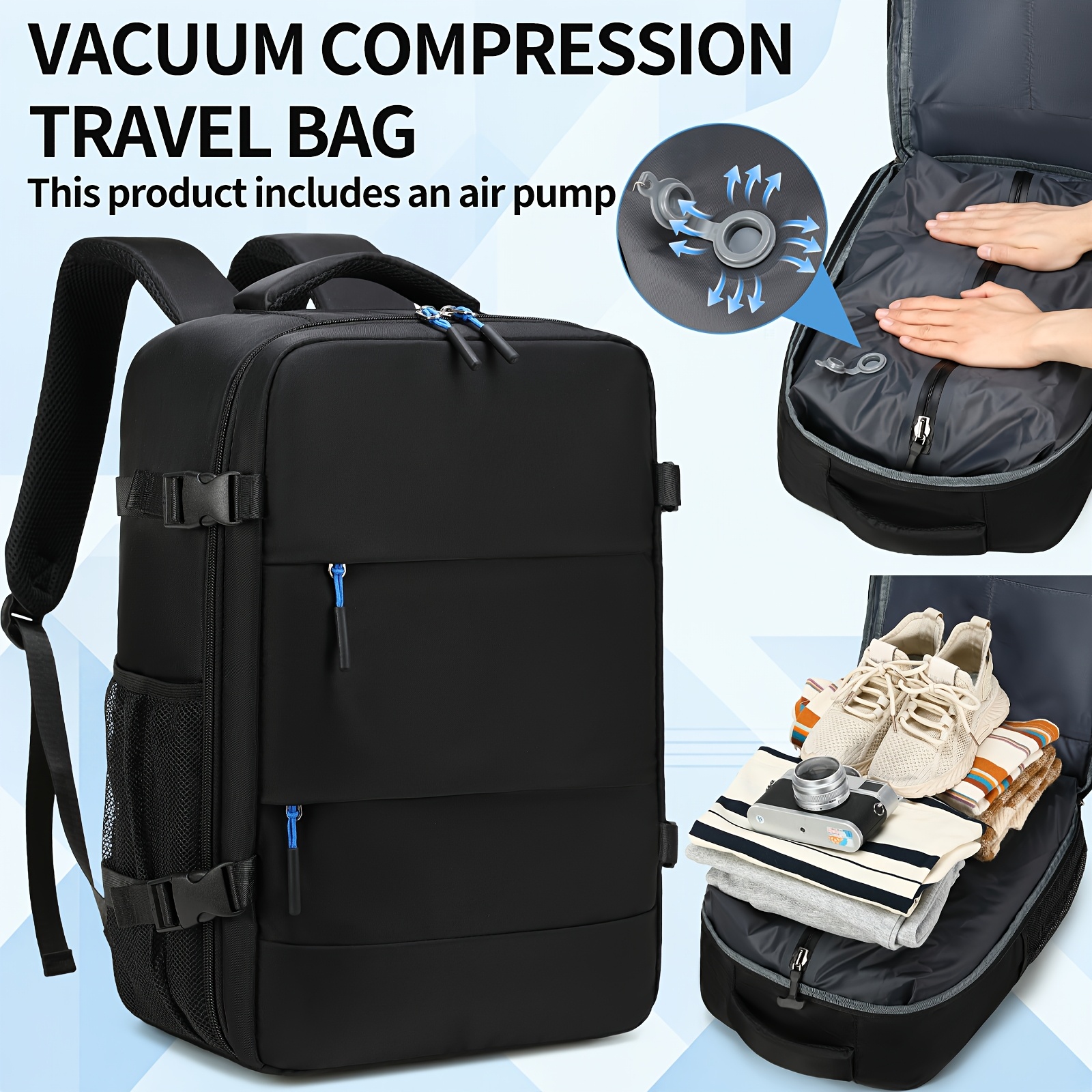 Travel backpack with a vacuum compartment and pump