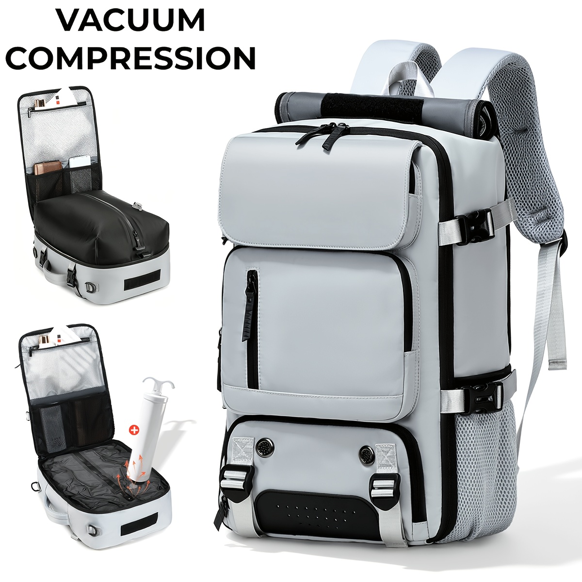 Vacuum travel backpack with pump, listed for 16-inch laptops