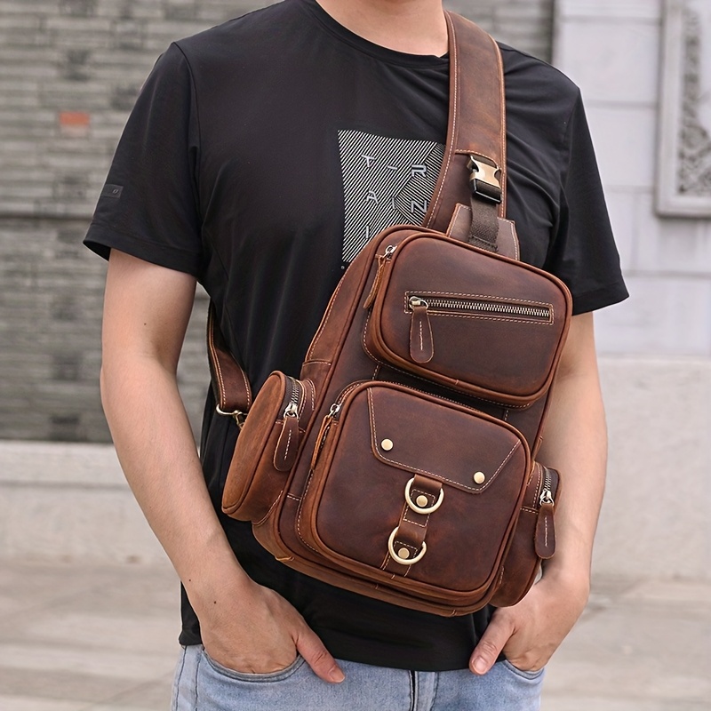 Crossbody chest bag with a distressed leather-look finish